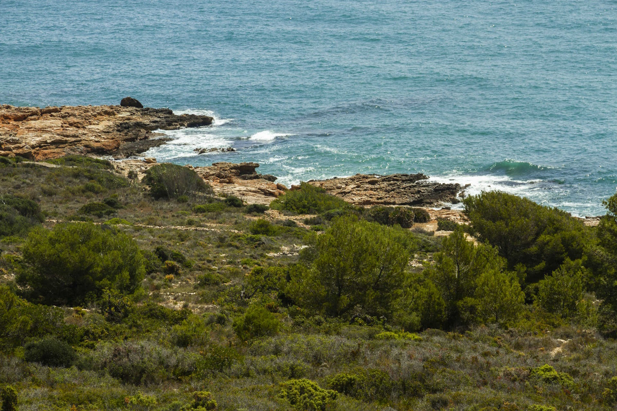 Explora el Parque Natural de la Sierra de Irta alojándote en Oropesa del Mar con Holiday Med. Vistas del Parque Natural de la Sierra de Irta desde sendero costero, cerca de apartamentos en Oropesa del Mar.